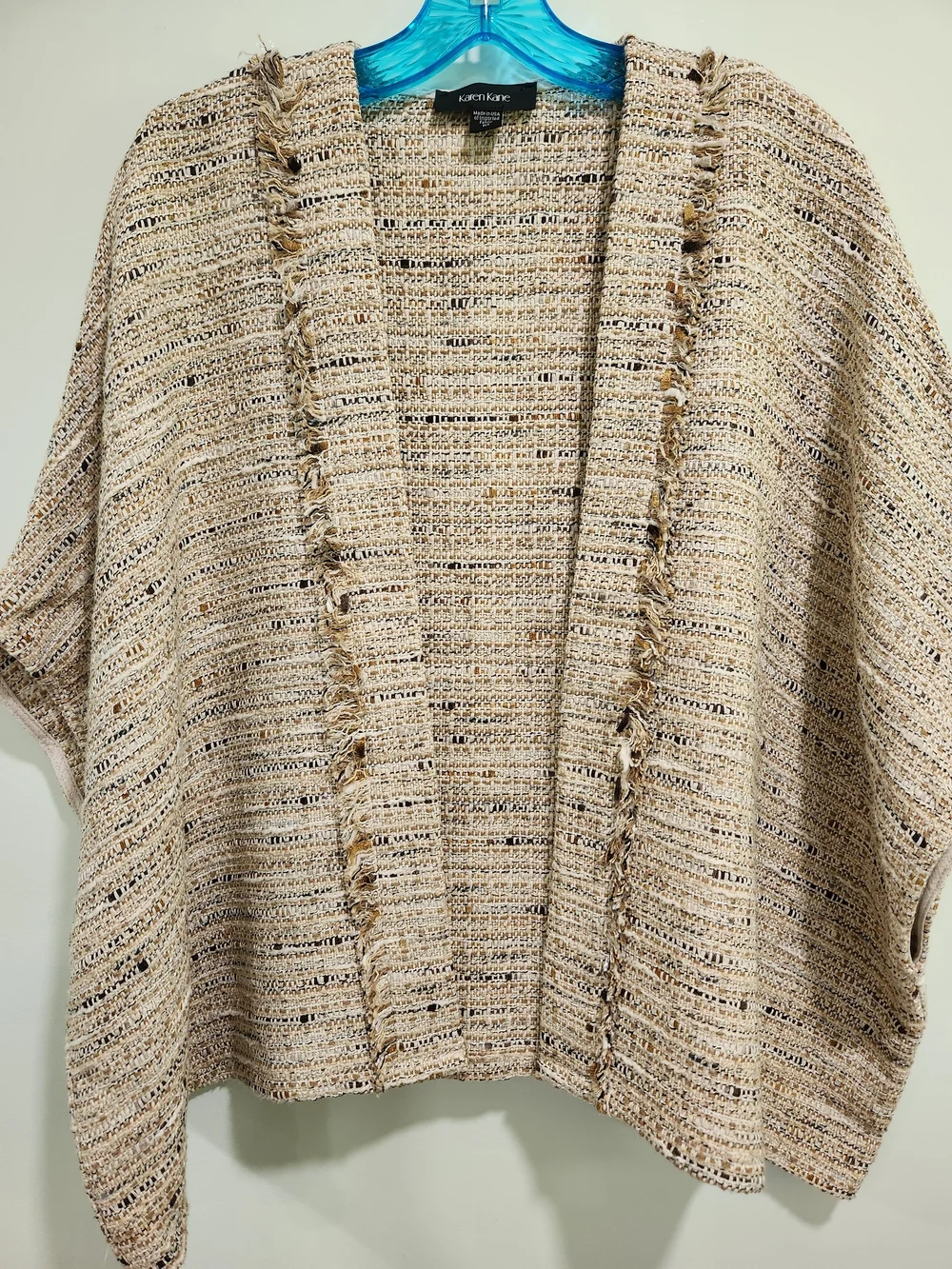 Karen Kane Beige Cream Open-Front Textured Cardigan with Fringe Trim